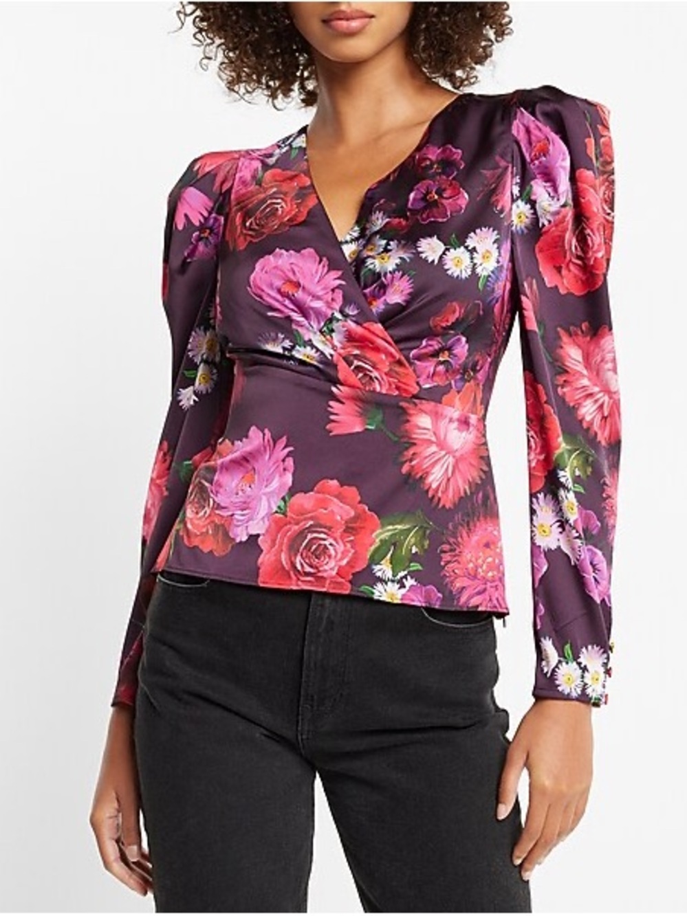 NWT EXPRESS Satin Floral Puff Sleeve Wrap Top Workwear Cocktail Vacation Women L